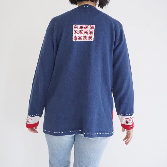 Vintage Storybook Knits Red White Blue Patchwork Embroidered Grandma Cardigan L - Picture 2 of 9
